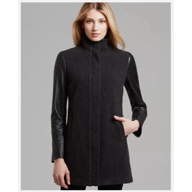 Eileen Fisher Melton wool with Leather Sleeve coat Jacket Sz