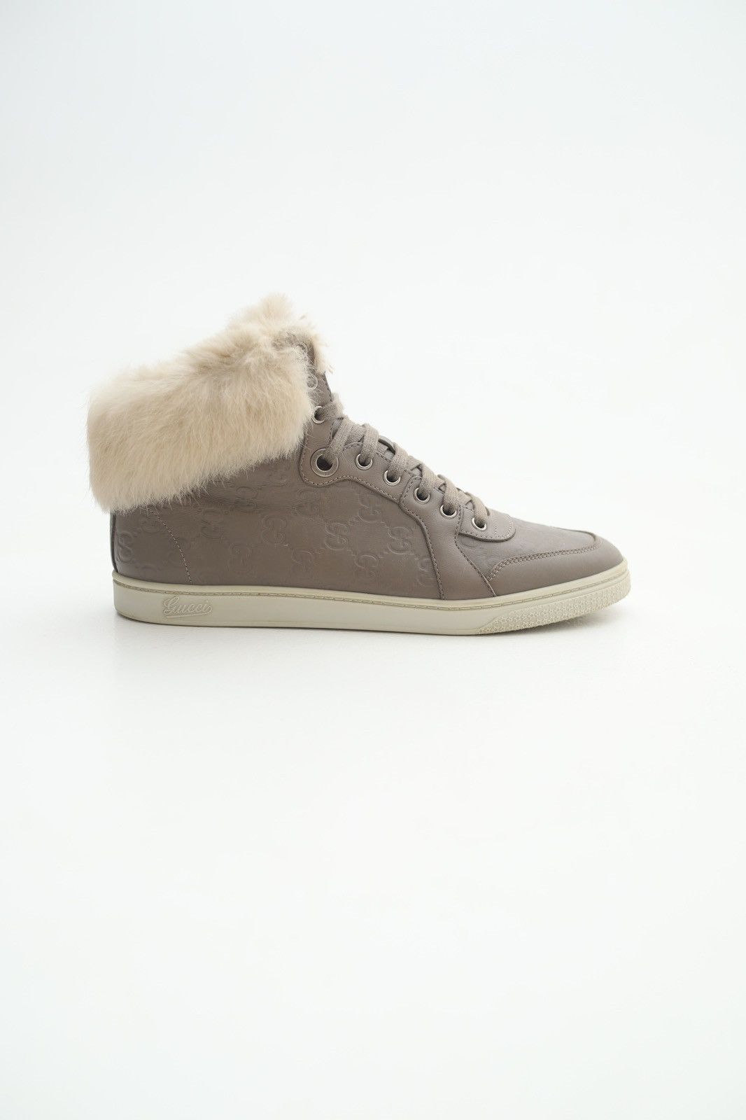GUCCI Sneakers Leather Shoes GG Logo Guccissima Fur Trim