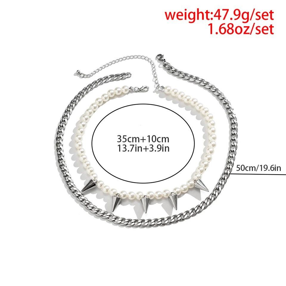 Jewelry Gothic Punk Pearl Spike Two Set Necklaces Chains Chokers Size ONE SIZE - 6 Thumbnail