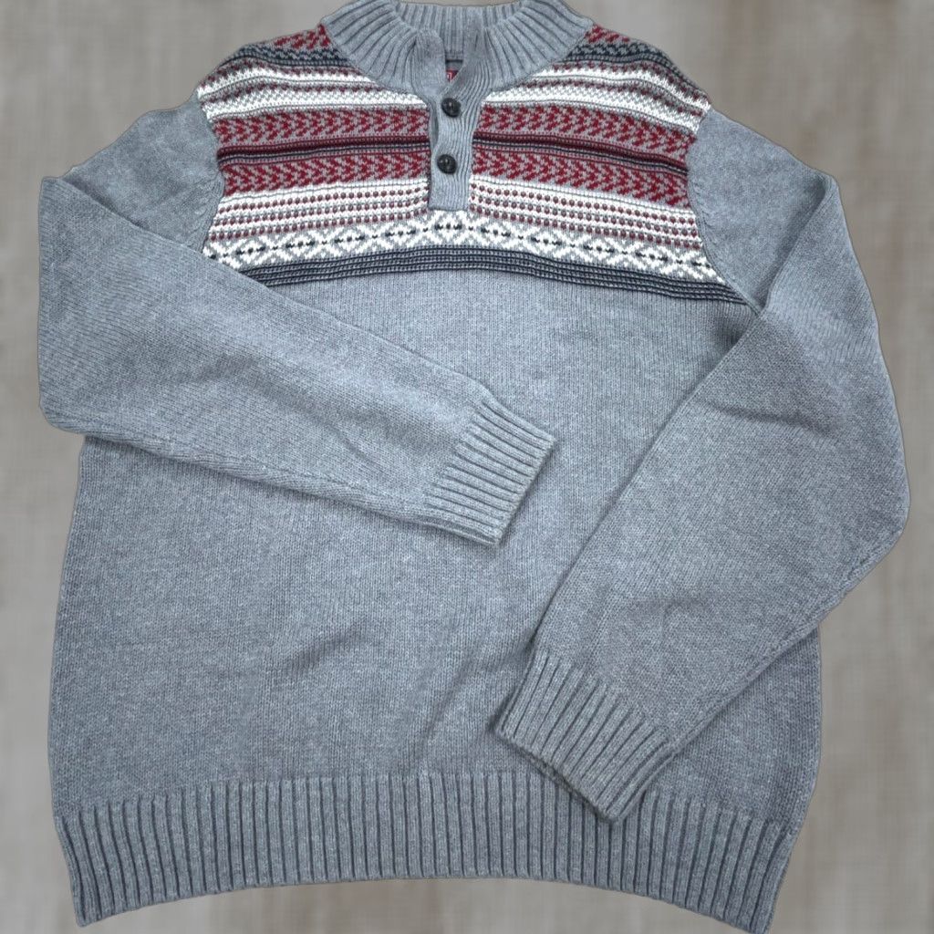 Chaps VINTAGE Chaps Sweater Men Medium Gray Red Henley Heavy Knit Holiday Fair Isle Nordic Size US M / EU 48-50 / 2 - 1 Thumbnail