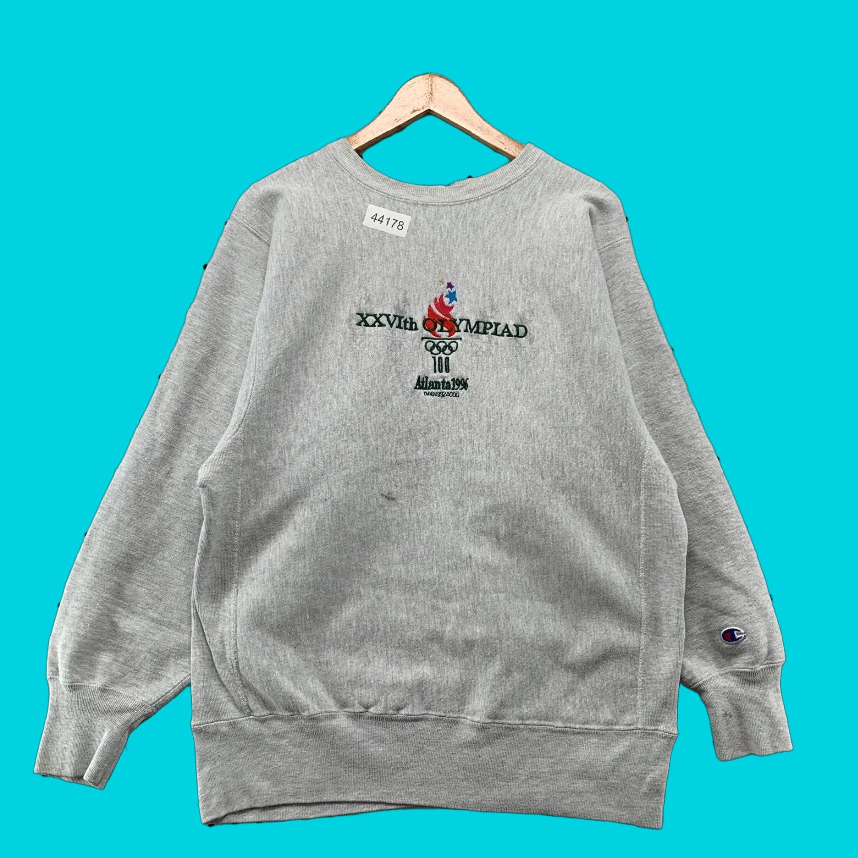 VINTAGE Champion Reverse Weave Sweatshirt Mens XL Gray 90s Atalanta Olympics Reversible Fleece Pullover Sports Theme