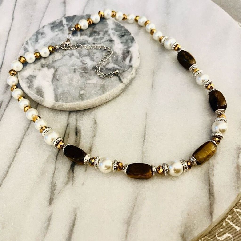 Jewelry Tigers Eye Stone and Simulated Pearl Necklace Beaded Size ONE SIZE - 3 Thumbnail