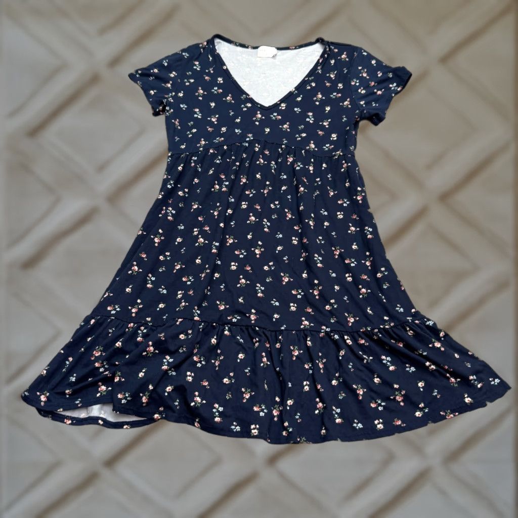 Vintage Dee Elly Women's Ruffle A-Line Midi Dress Casual Summer Floral Blue V-Neck Short Sleeve Medium Size 32" / US 10 / IT 46 - 1 Thumbnail
