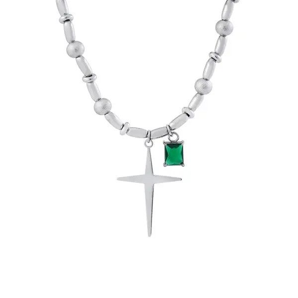 Jewelry Silver Cross Necklace with Green Charm Size ONE SIZE - 5 Thumbnail
