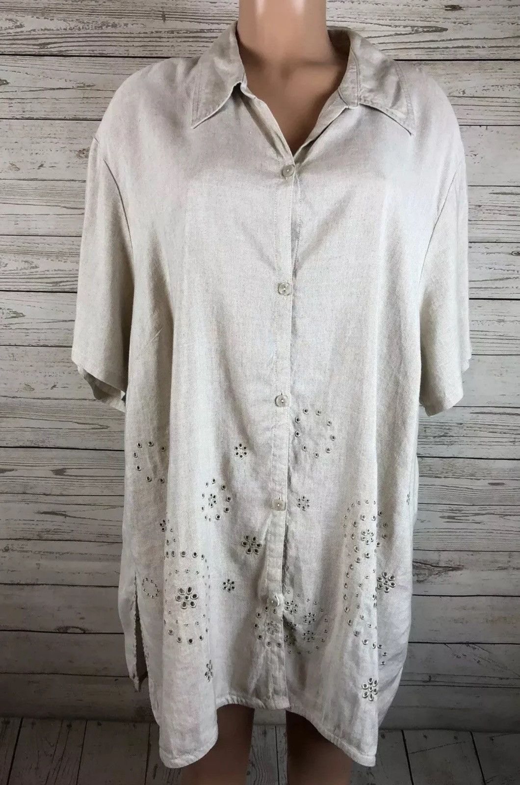 Avenue Avenue Size 18 Beige Linen Blend Down Blouse, Long Fitted Size XXL / US 16-18 / IT 52-54 - 1 Thumbnail