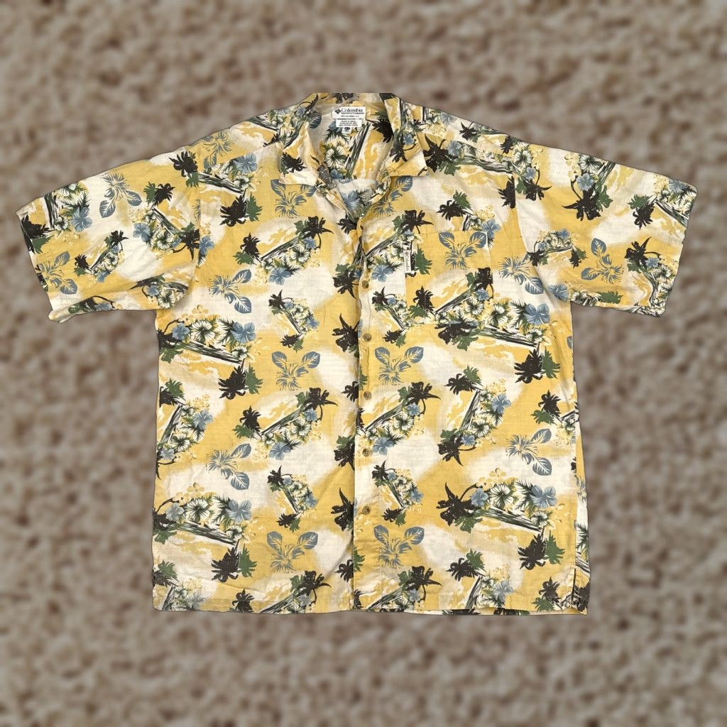 Vintage Columbia Mens Shirt Big & Tall XLT Yellow Floral Palm 100% Cotton Hawaiian Button-Up Crew Neck Casual Size US XL / EU 56 / 4 - 1 Thumbnail