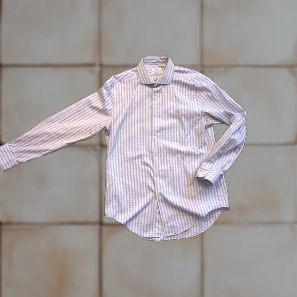 Calvin Klein Calvin Klein Slim Fit Button-Down Shirt Mens White/Lavender 16 32/33 Slim Modern Designer Casual Formal Workwear Shirts Button-Up Size US L / EU 52-54 / 3 - 1 Thumbnail