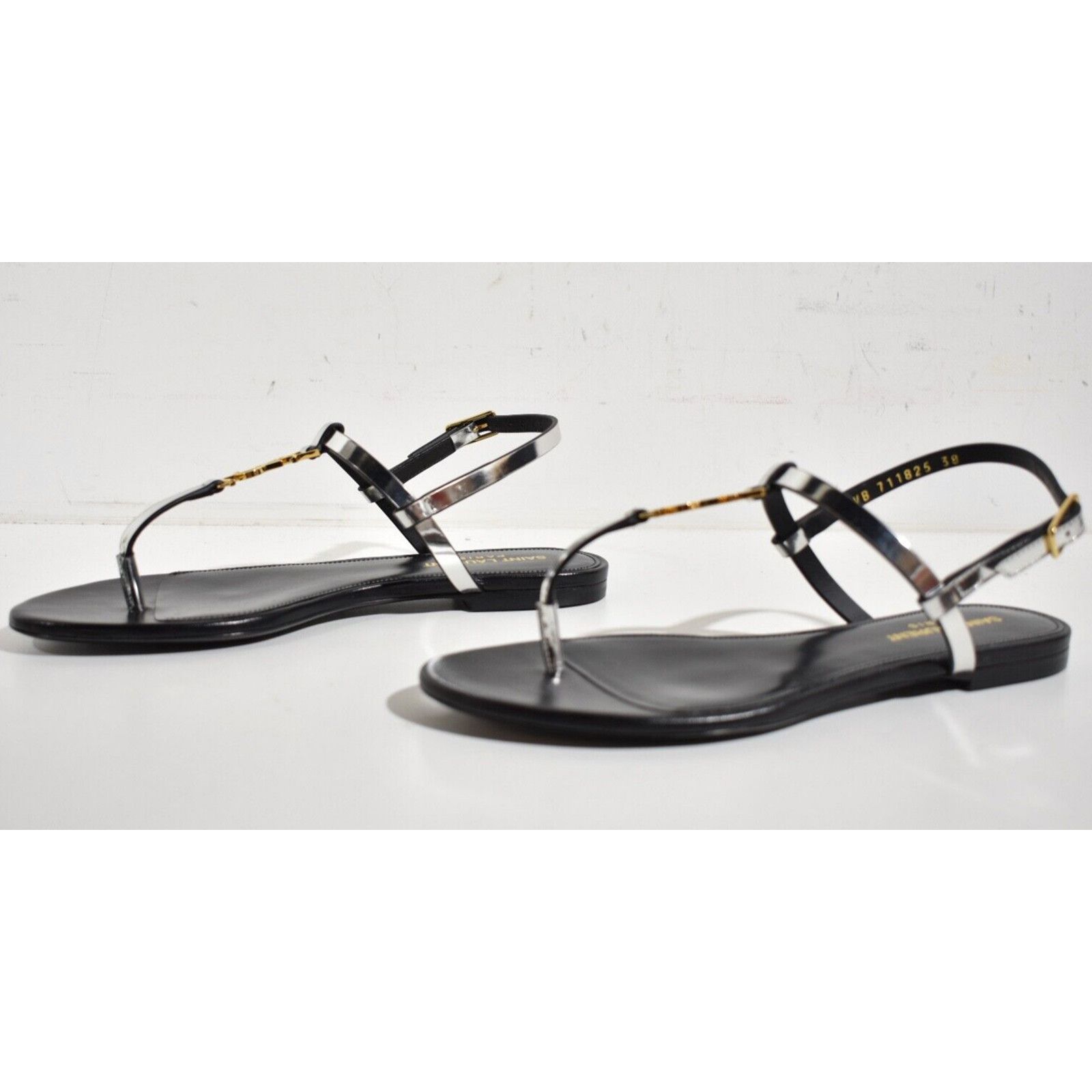Yves Saint Laurent Saint Laurent YSL Logo Cassandra Iota 05 Silver Black Thong Size US 8 / IT 38 - 10 Thumbnail