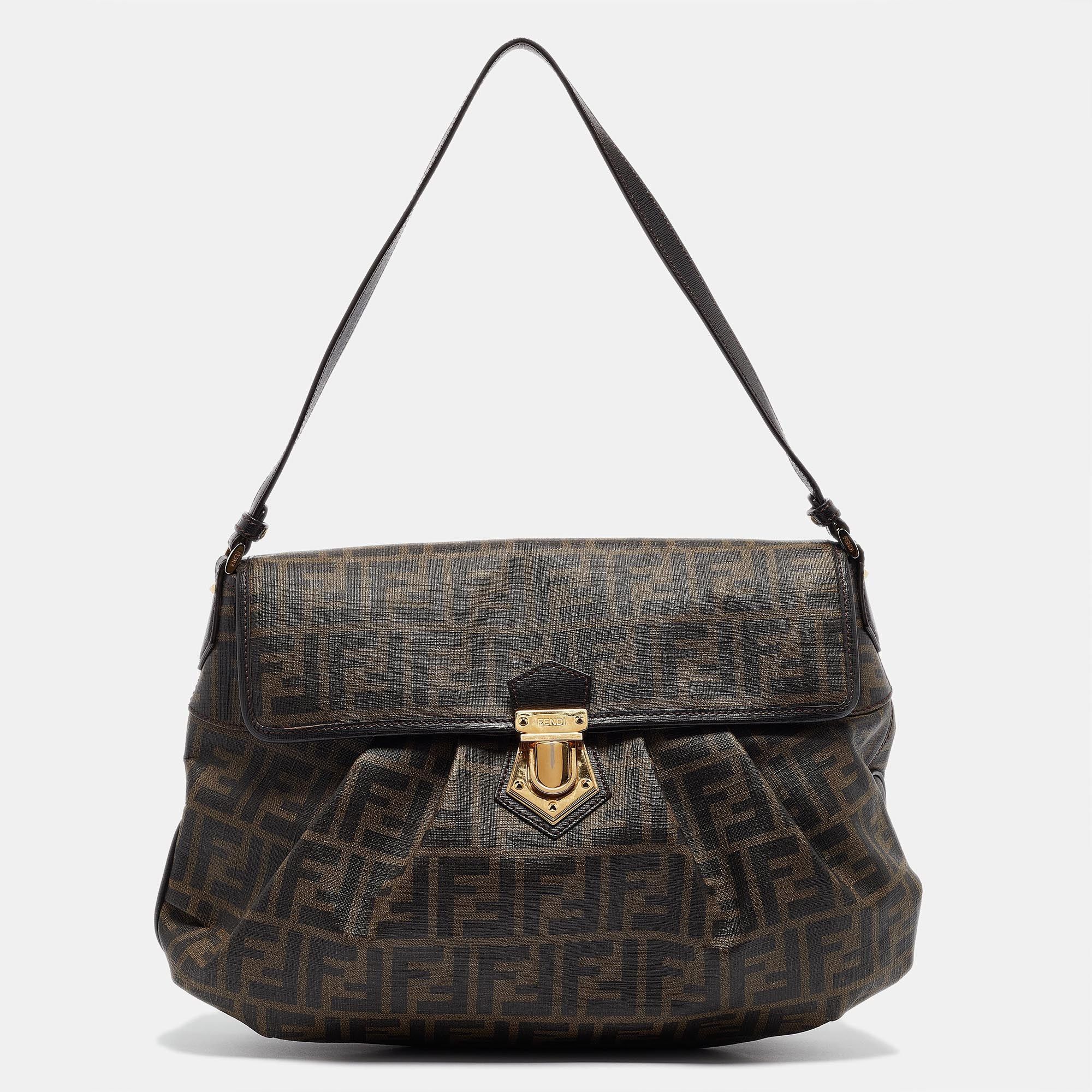 image of Fendi Tobacco Zucca Coated Canvas And Leather Pushlock Flap Bag in Brown, Women's