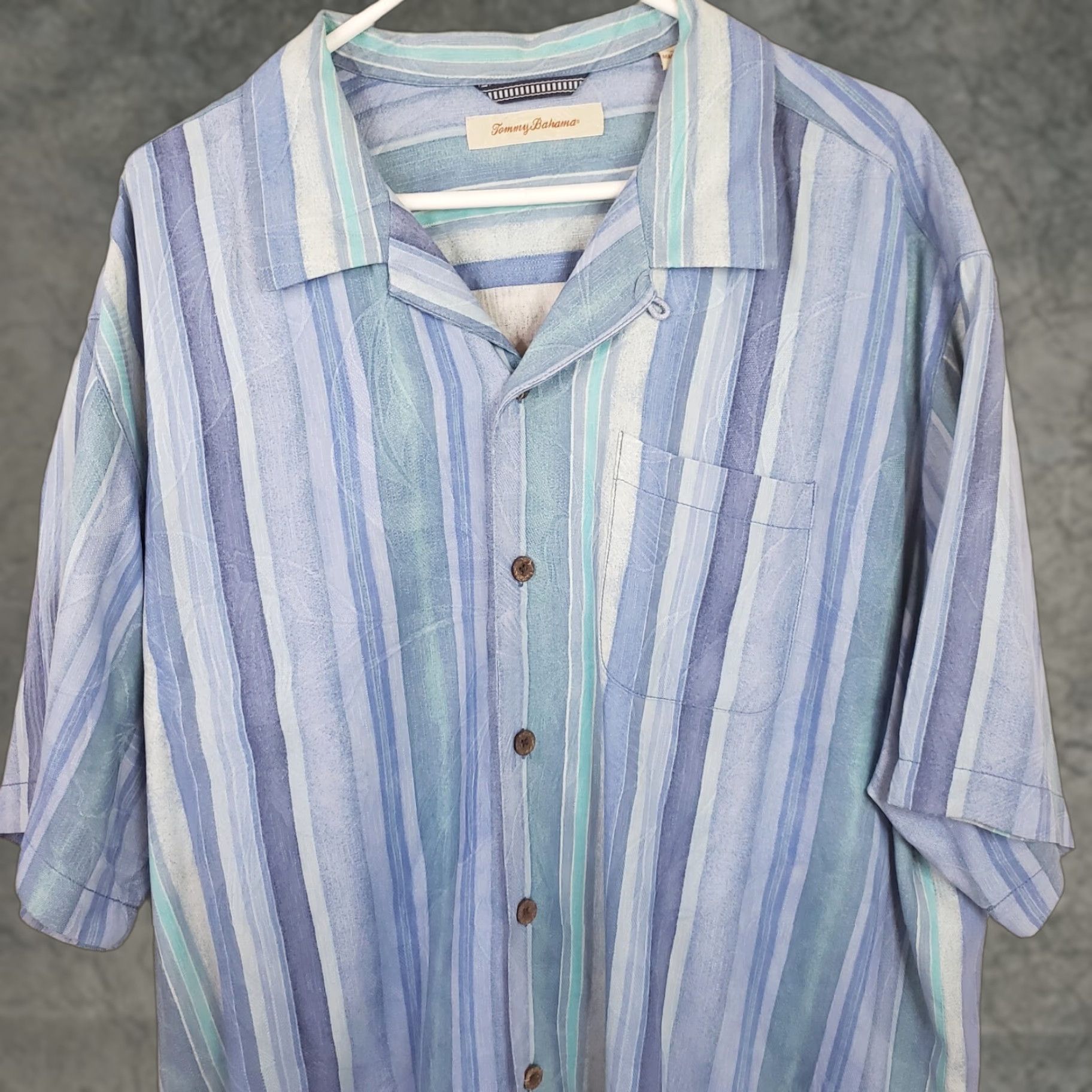 Tommy Bahama Tommy Bahama Silk Shirt Blue Striped Button-Up Down Short Sleeve XL Mens Size US XL / EU 56 / 4 - 1 Thumbnail