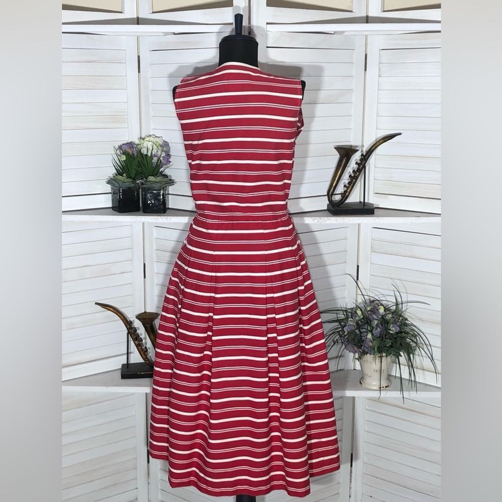 Vintage 80s red white full 50s Lucy nautical cotton midi dress S Size S / US 4 / IT 40 - 2 Thumbnail