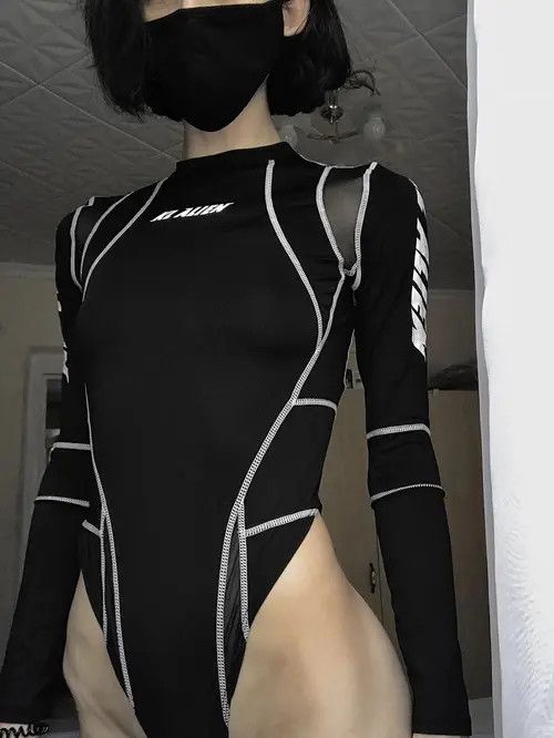 Japanese Brand × Vintage Women Turtleneck Bodysuits Mesh Patchwork Letter Print Size ONE SIZE - 4 Thumbnail