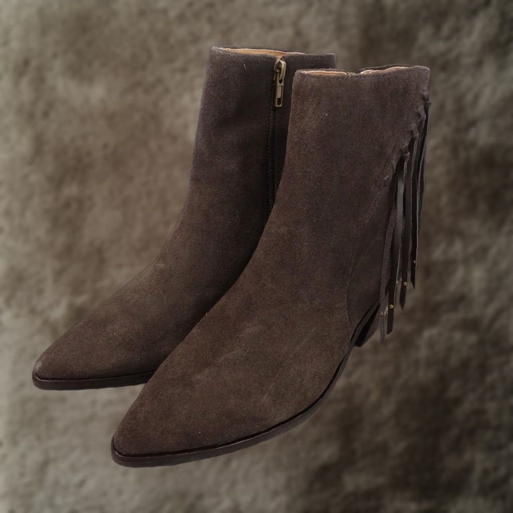 Frye Sara Fringe Zip Boots Womens Size 6 Dark Brown Suede Western Ankle