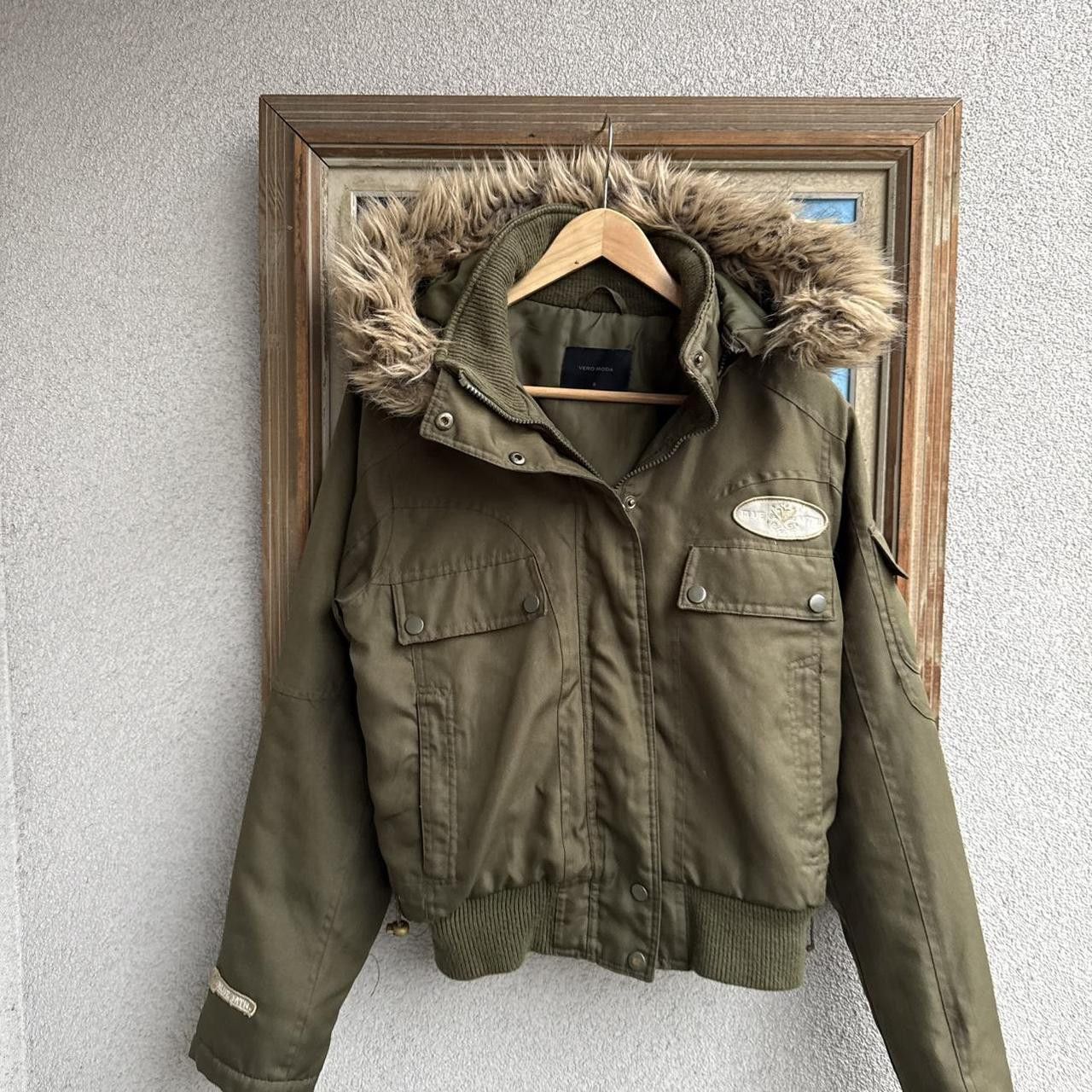 Vintage Bomber Jacket Faux Fur Hooded Khaki Size S / US 4 / IT 40 - 2 Thumbnail