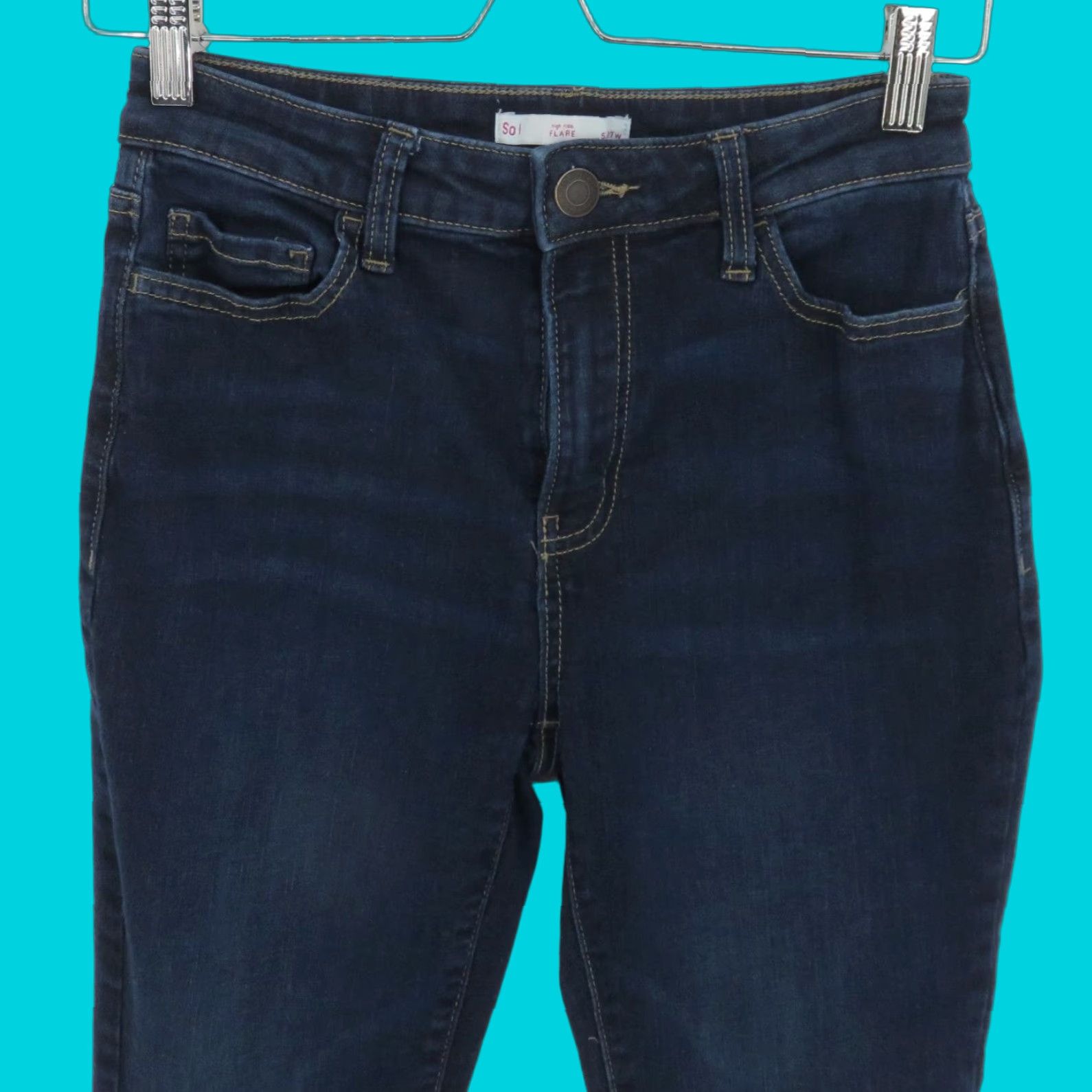 Vintage **SO Juniors Women 5 High Rise Flare Dark Blue Denim Jeans Pockets** User: **SO Juniors Women 5 High Rise Flare Blue Denim Jeans Pockets** Size 27" / US 4 / IT 40 - 1 Thumbnail