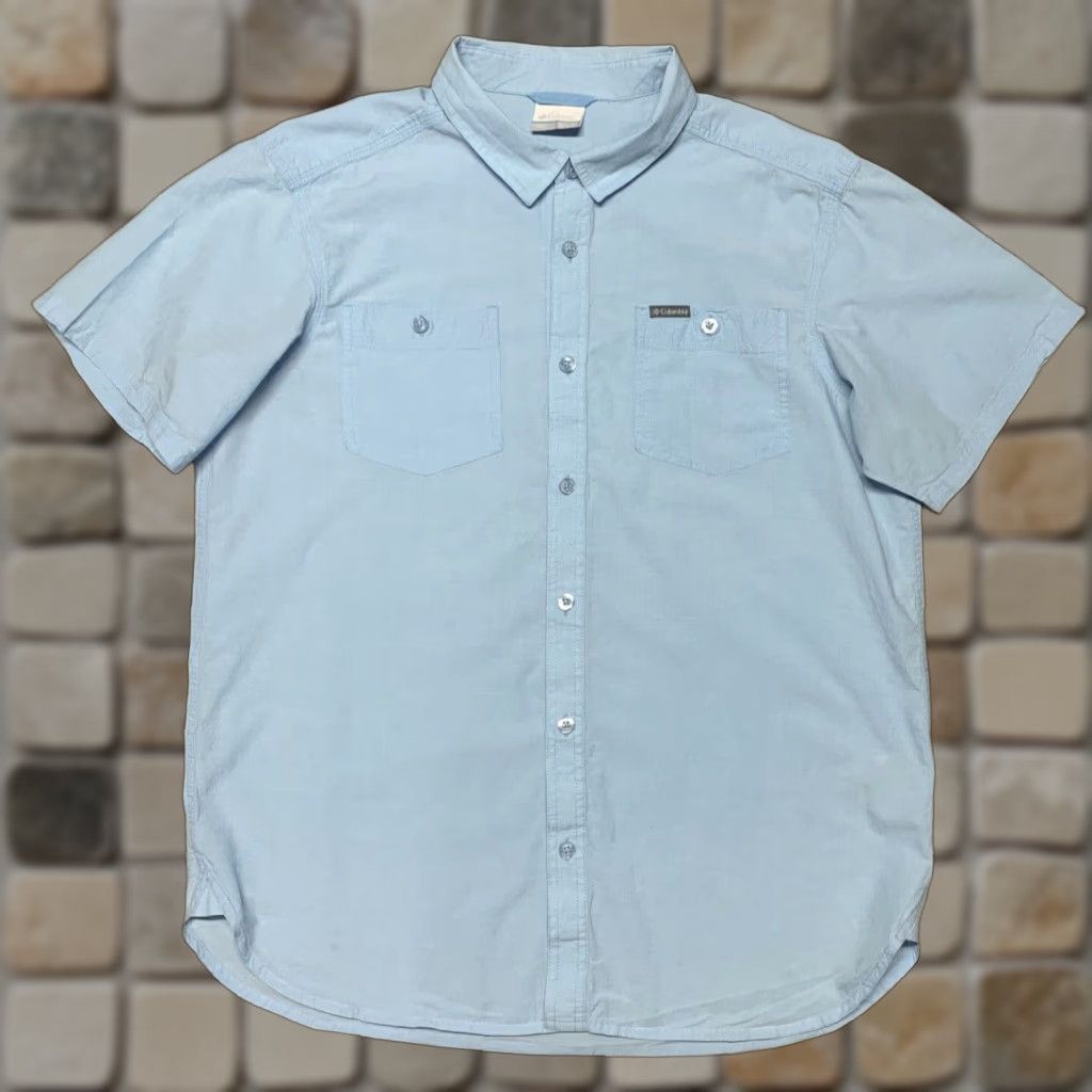 Vintage Columbia Mens Button Down Light Blue Short Sleeve Size Large Casual Cotton Button-Up Shirt Size US 33 - 1 Thumbnail