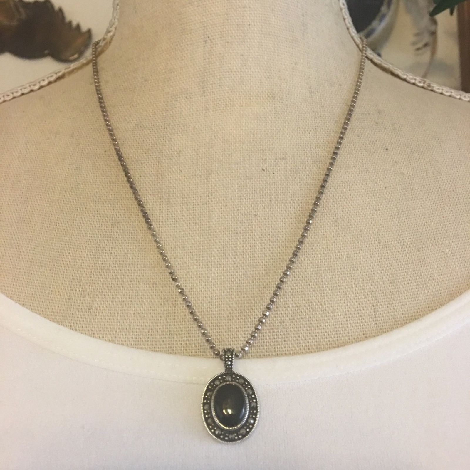Vintage 80s black onyx marcasite pendant on chain