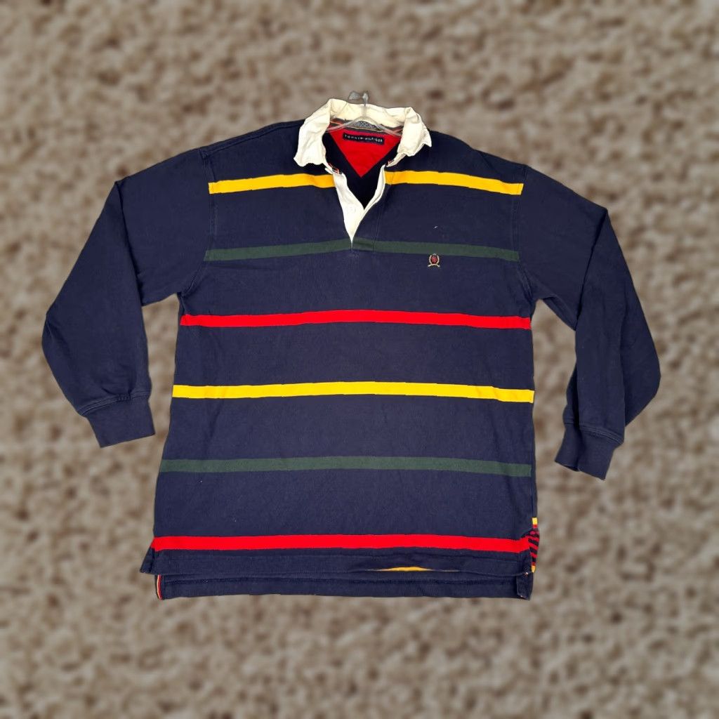 VINTAGE Tommy Hilfiger Polo Shirt Men Large Blue Stripe Long Sleeve Crest Shirt