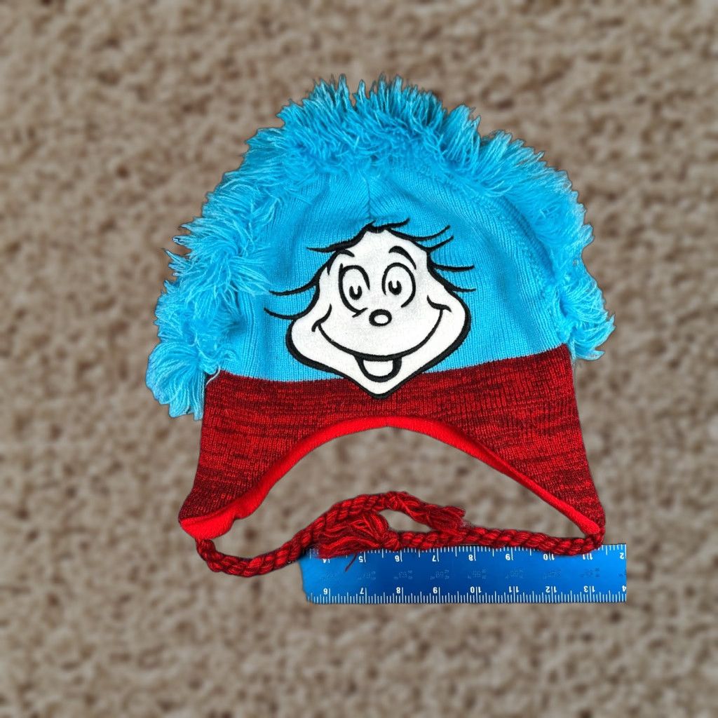 Vintage Dr. Seuss Thing 1 Beanie Hat Adult One Size Blue Red Acrylic Ear Flap Toque Tassel Size ONE SIZE - 1 Thumbnail