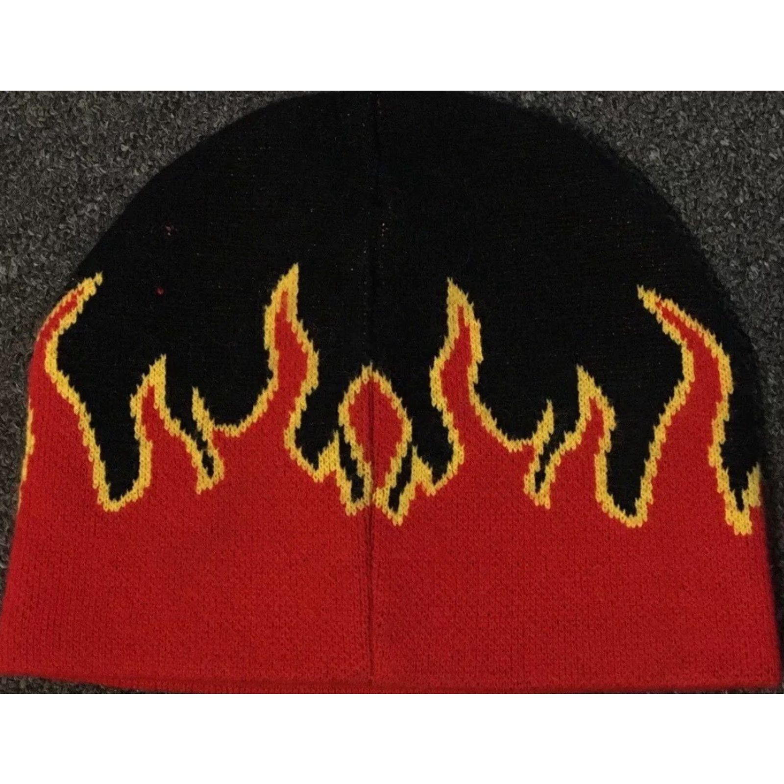 JNCO Vtg Fire Flames All Over Print Beanie Men One Size Red 90s Grunge Skate Punk Emo Goth biker Harley Cky Bam Margera Skul? (Note: question marks) Size ONE SIZE - 2 Thumbnail