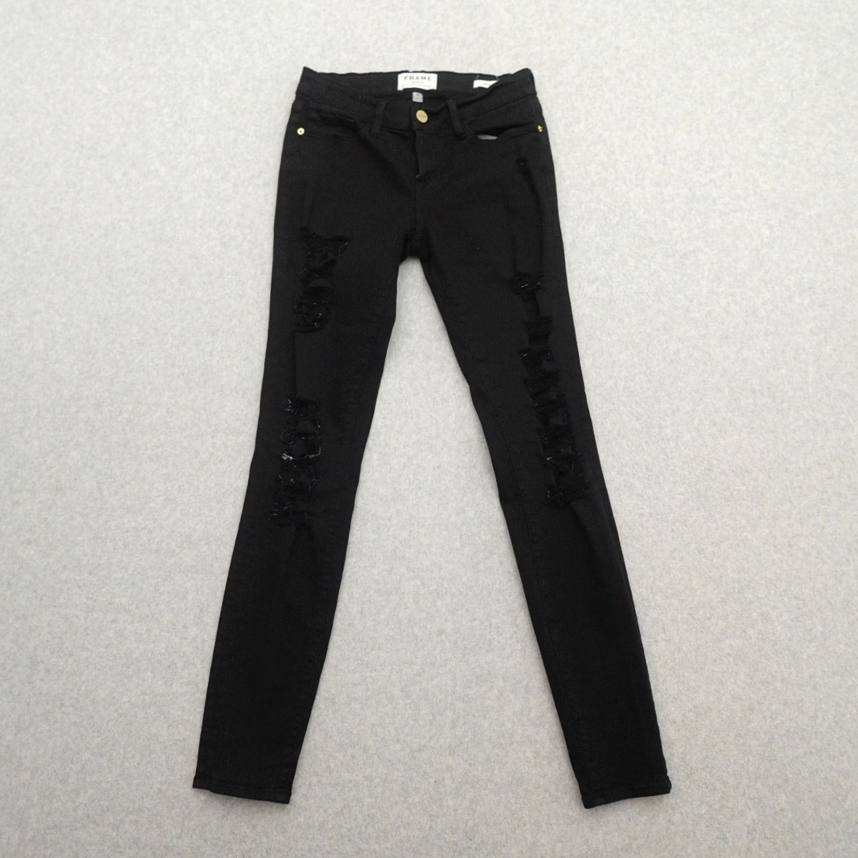 Frame VINTAGE FRAME Le Skinny de Jeanne Jeans Womens 25 (25X29) Black Distressed Stretch Skinny Size 42" / US 20 - 2 Thumbnail