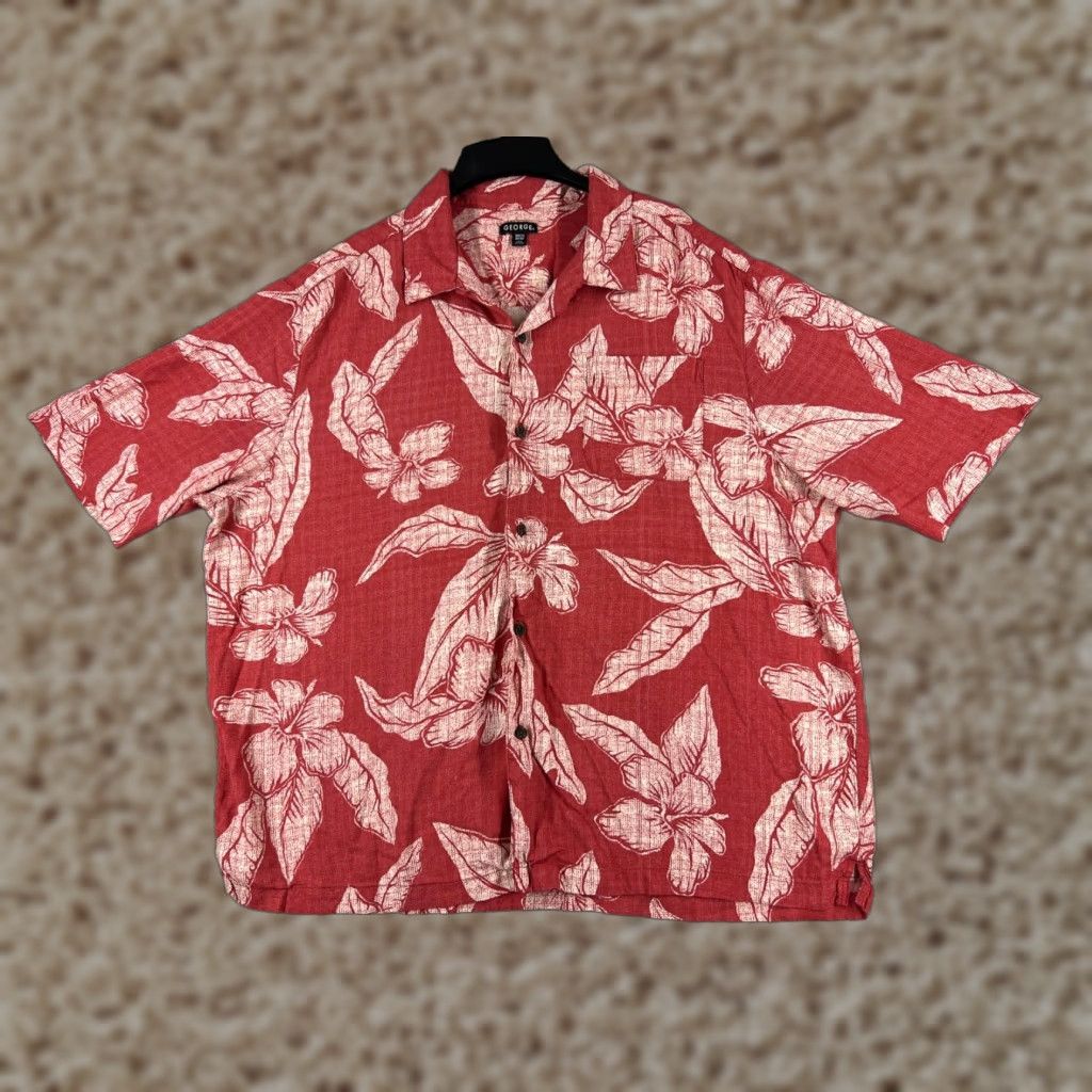 George George Shirt Men 2XL XXL Red White Floral Hibiscus Palm Button Up Hawaiian Rayon Size US XXL / EU 58 / 5 - 1 Thumbnail