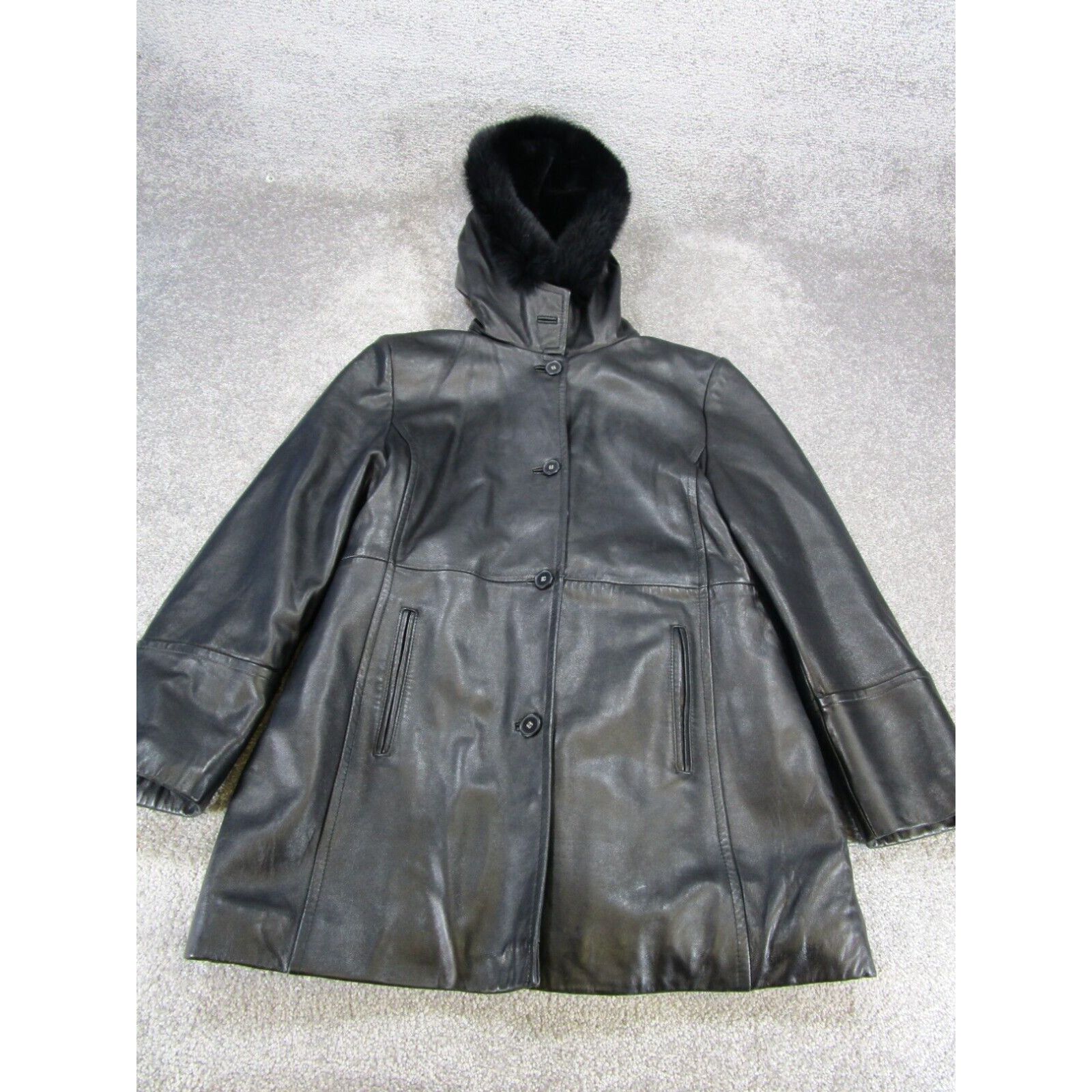 Image of Calvin Klein Leather Overcoat Womens XL Black Jacket Lined Hooded in White