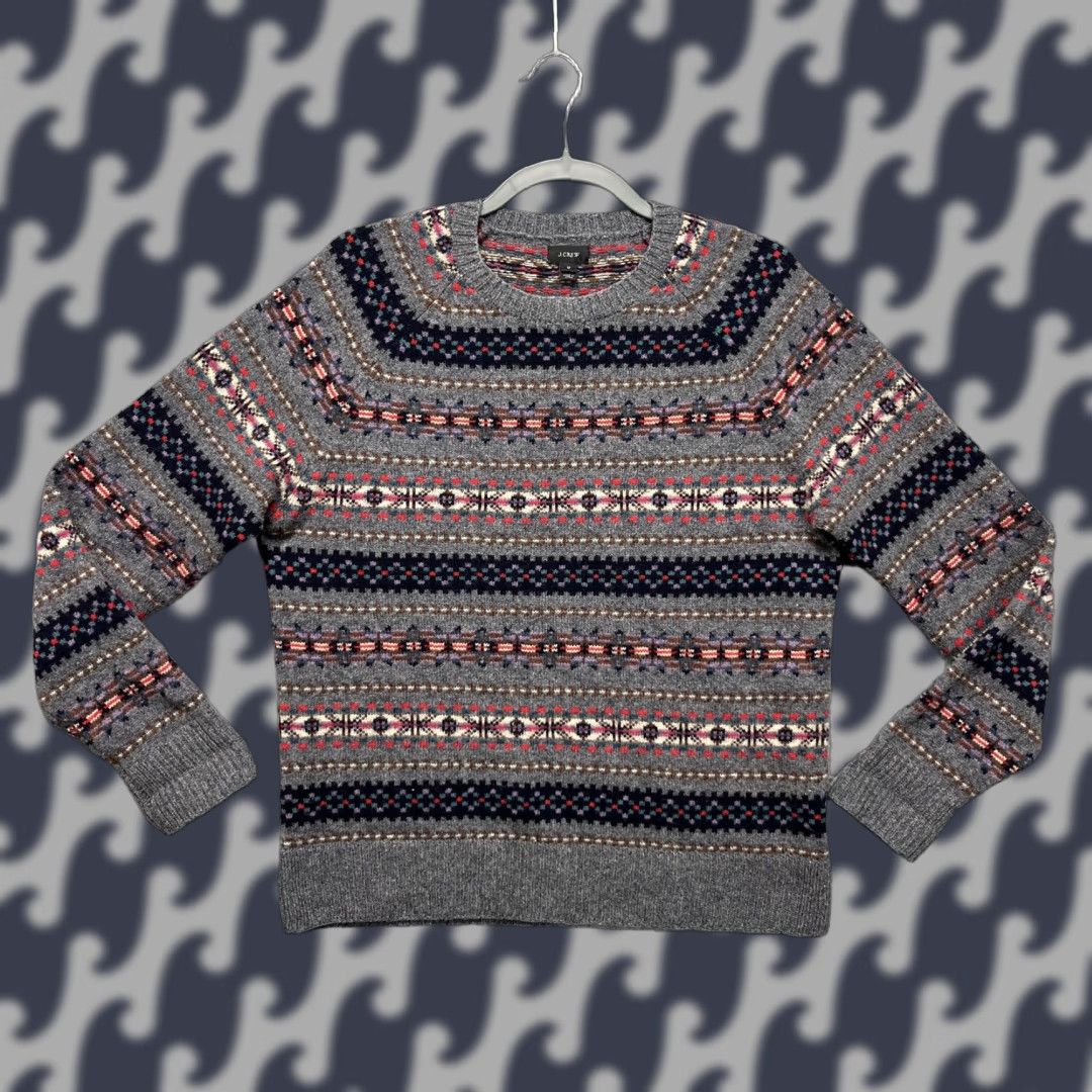 J.Crew J.Crew Sweater Mens Medium Gray Fair Isle Lambswool Crewneck Pullover Knit Size US M / EU 48-50 / 2 - 1 Thumbnail