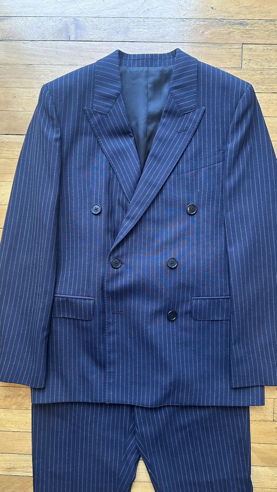 Celine × Hedi Slimane 22SS Double Breasted Navy Chalk Stripe Suit Wool Rectangle Size 44R - 21 Thumbnail