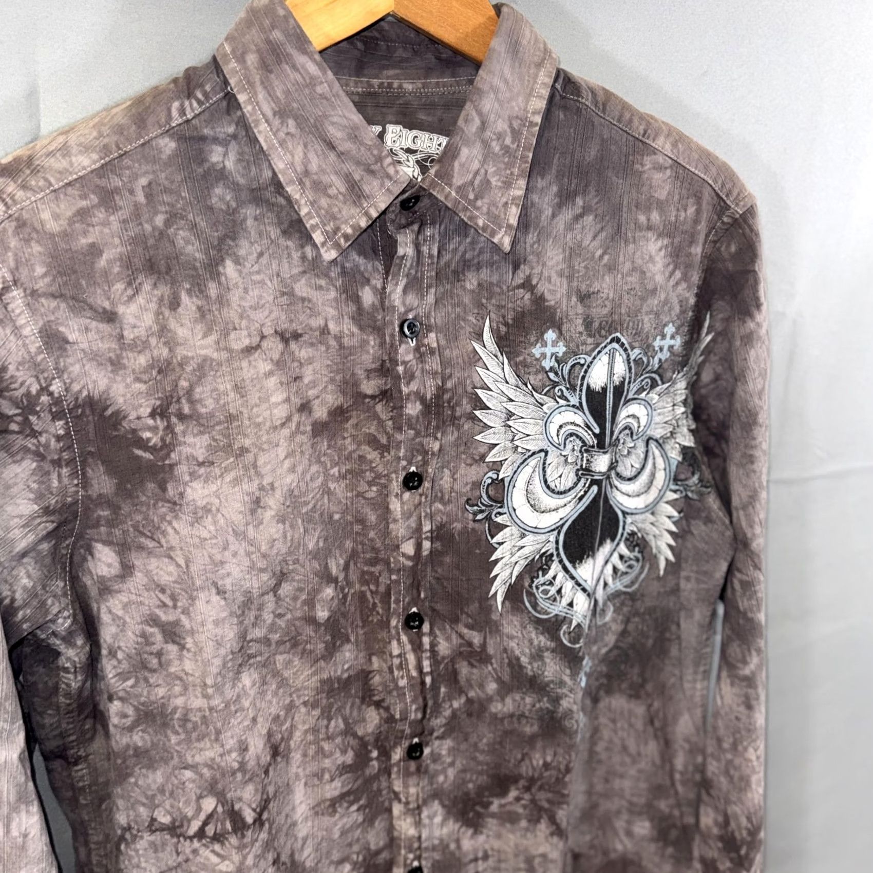 Vintage VINTAGE Eighty Eight Shirt Mens Medium Gray Tie Dye Button Down Fleur de Lis Wings Print Size US M / EU 48-50 / 2 - 4 Thumbnail