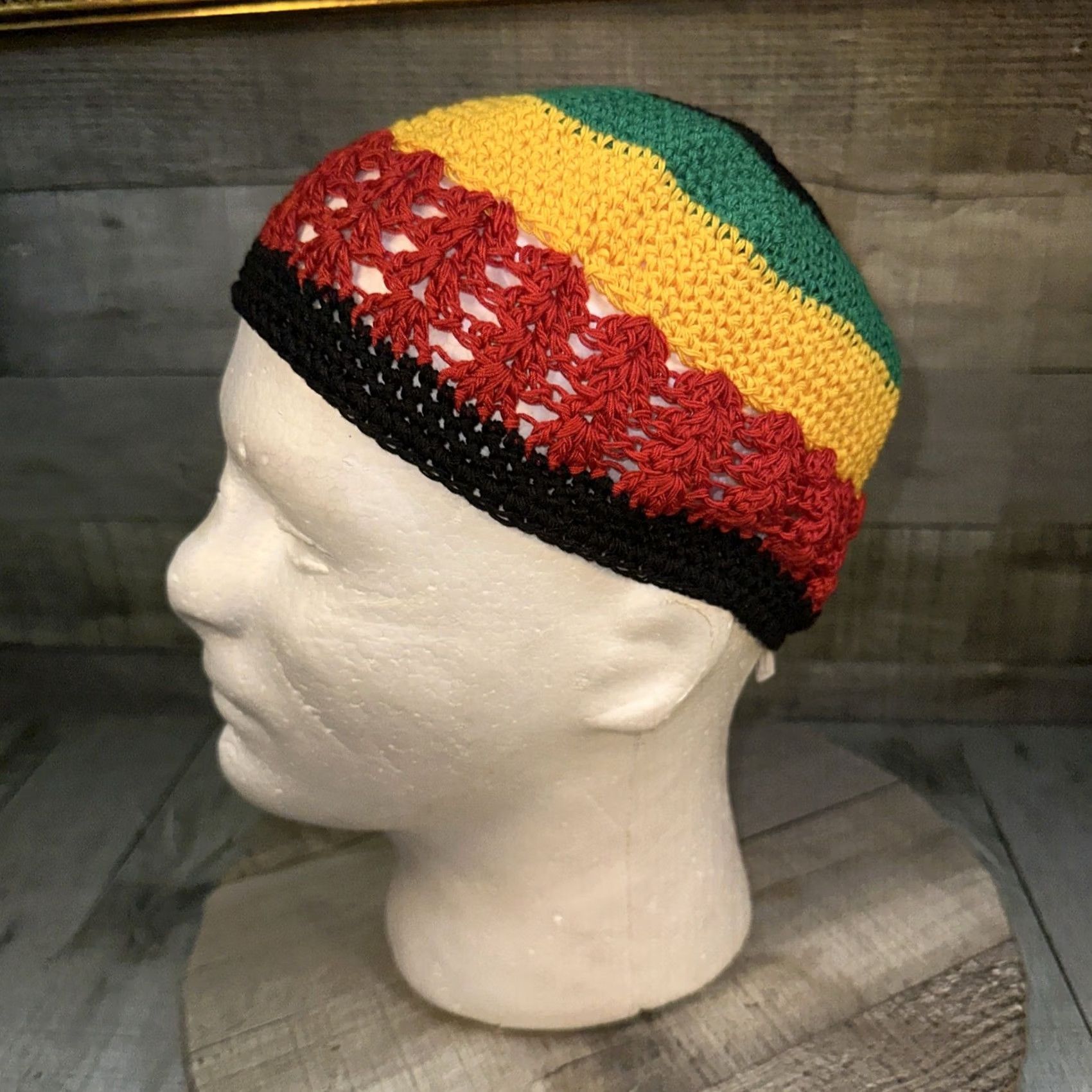 Vintage VINTAGE Handmade Rasta Crochet Beanie Hat Black Green Red Yellow Jamaica Reggae Cap Beanie Men One Size Size ONE SIZE - 4 Thumbnail