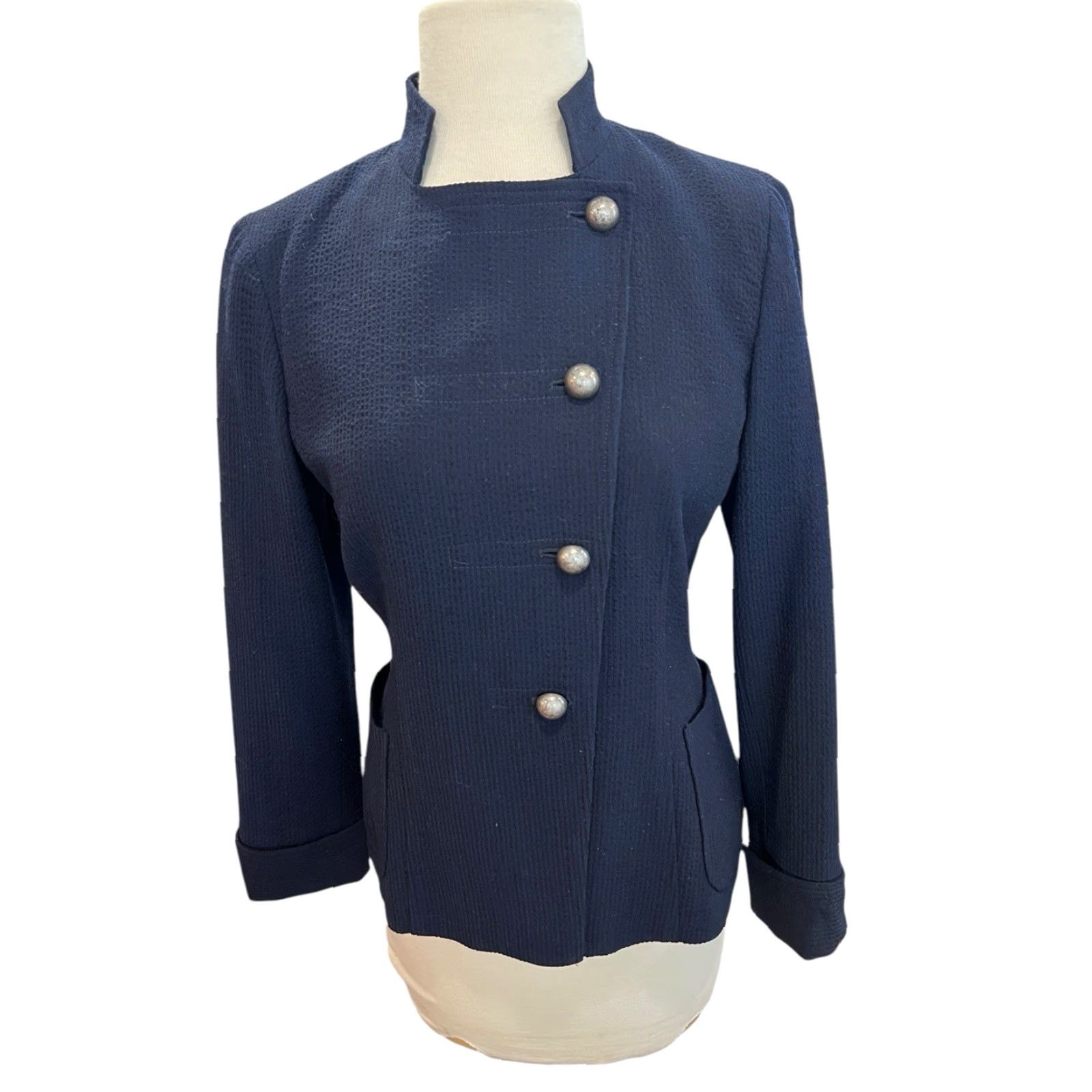 Vintage Garfield & Marks Women's Navy Blue Textured Jacket Asymmetrical Button Size 0 Size XS / US 0-2 / IT 36-38 - 2 Thumbnail