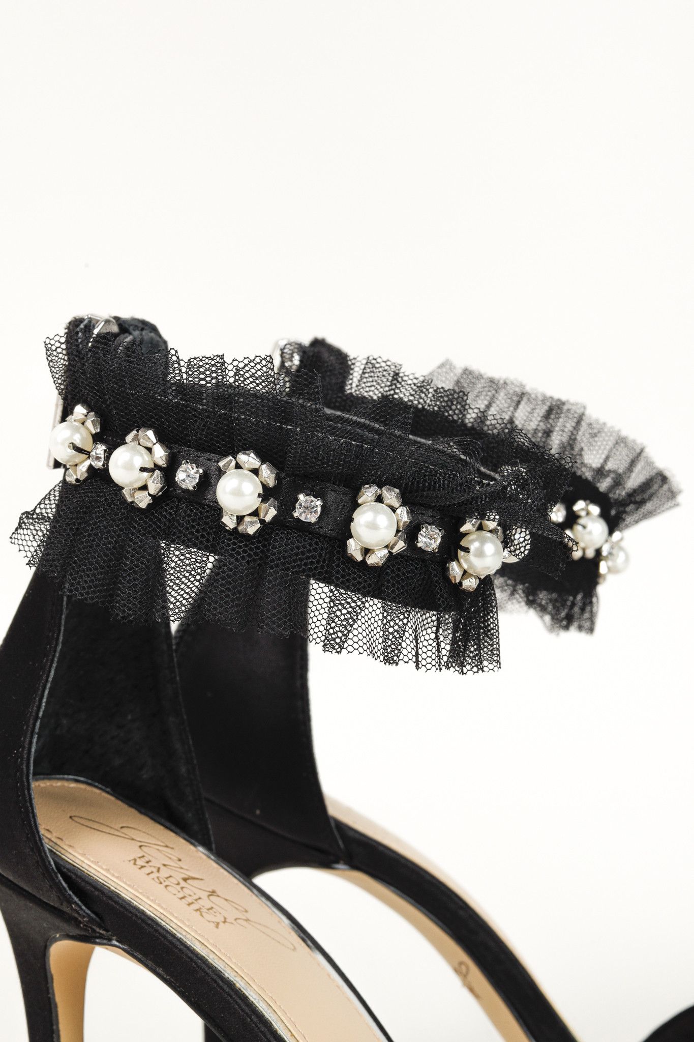Badgley Mischka Badgley Mischka Jewel Black Tulle Ruffle and Pearl Sandals Size US 5.5 / IT 35.5 - 8 Thumbnail