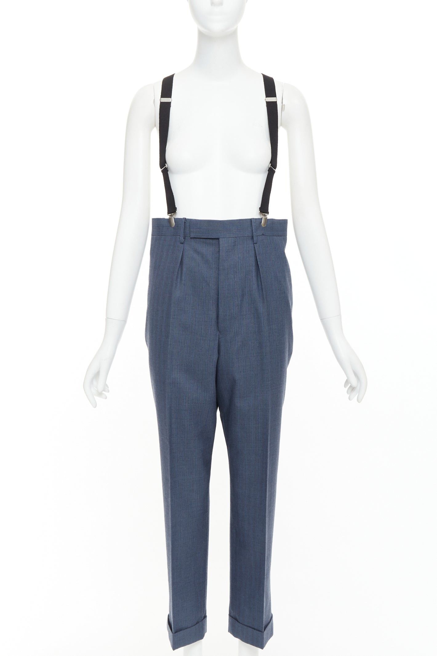 Junya Watanabe JUNYA WATANABE 2012 blue wool pinstripe black suspender high waisted harem pants M Size 28" / US 6 / IT 42 - 1 Thumbnail