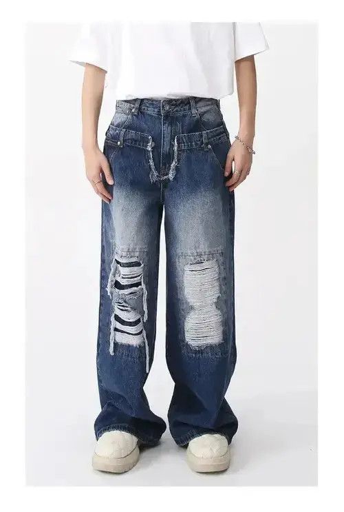 Jean Men Ripped Wide Leg Distressed Denim Jeans Size US 33 - 1 Thumbnail