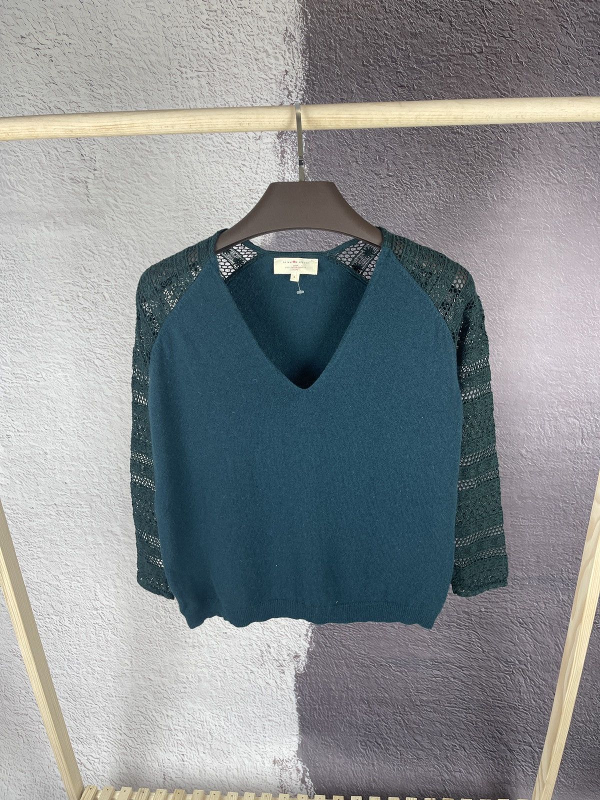 Sezane Sezane Sweater blue Green Lace Sleeves Wool Cashmere V-neck Size S / US 4 / IT 40 - 3 Thumbnail