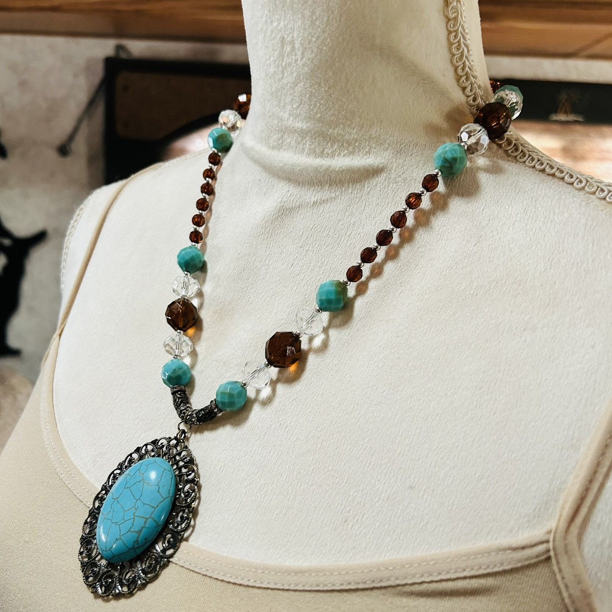 Handmade Handcrafted repurpose boho chic howlite medallion necklace Size ONE SIZE - 3 Thumbnail