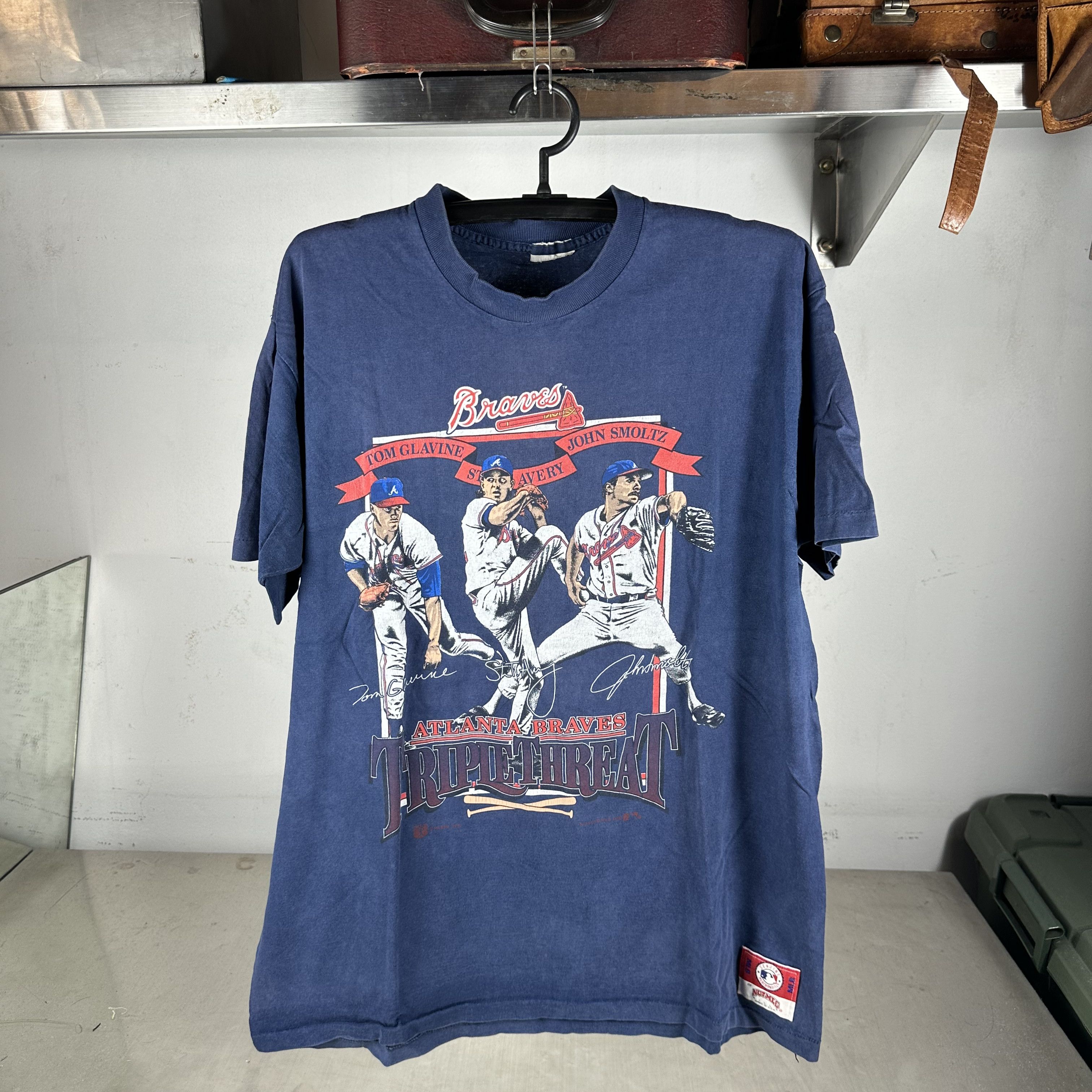 Vintage Vintage 90s Atlanta Braves Triple Threat MLB Nutmeg T-Shirt Size US XL / EU 56 / 4 - 1 Thumbnail