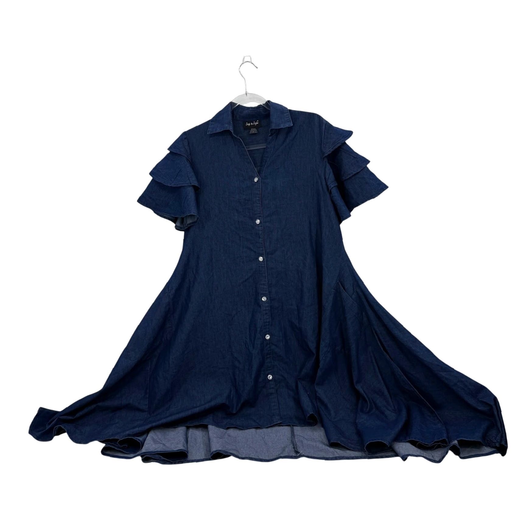 VINTAGE STEP IN STYLE Tunic Shirt Dress M Chambray Rhinestone Ruffle Swing  Rustic Casual Women Short