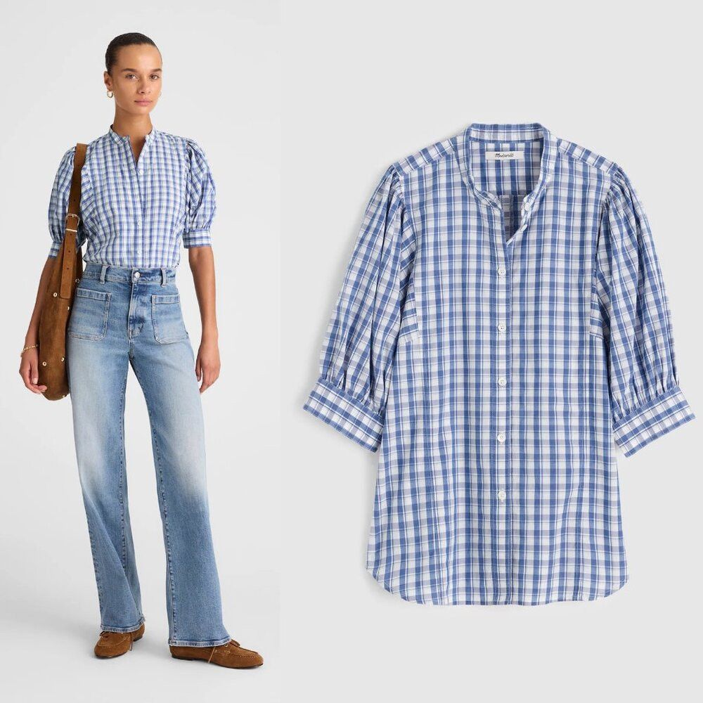 Madewell NWT New $98 Madewell Puff-Sleeve Band-Collar Cotton Blue Pl Size XL / US 12-14 / IT 48-50 - 1 Thumbnail