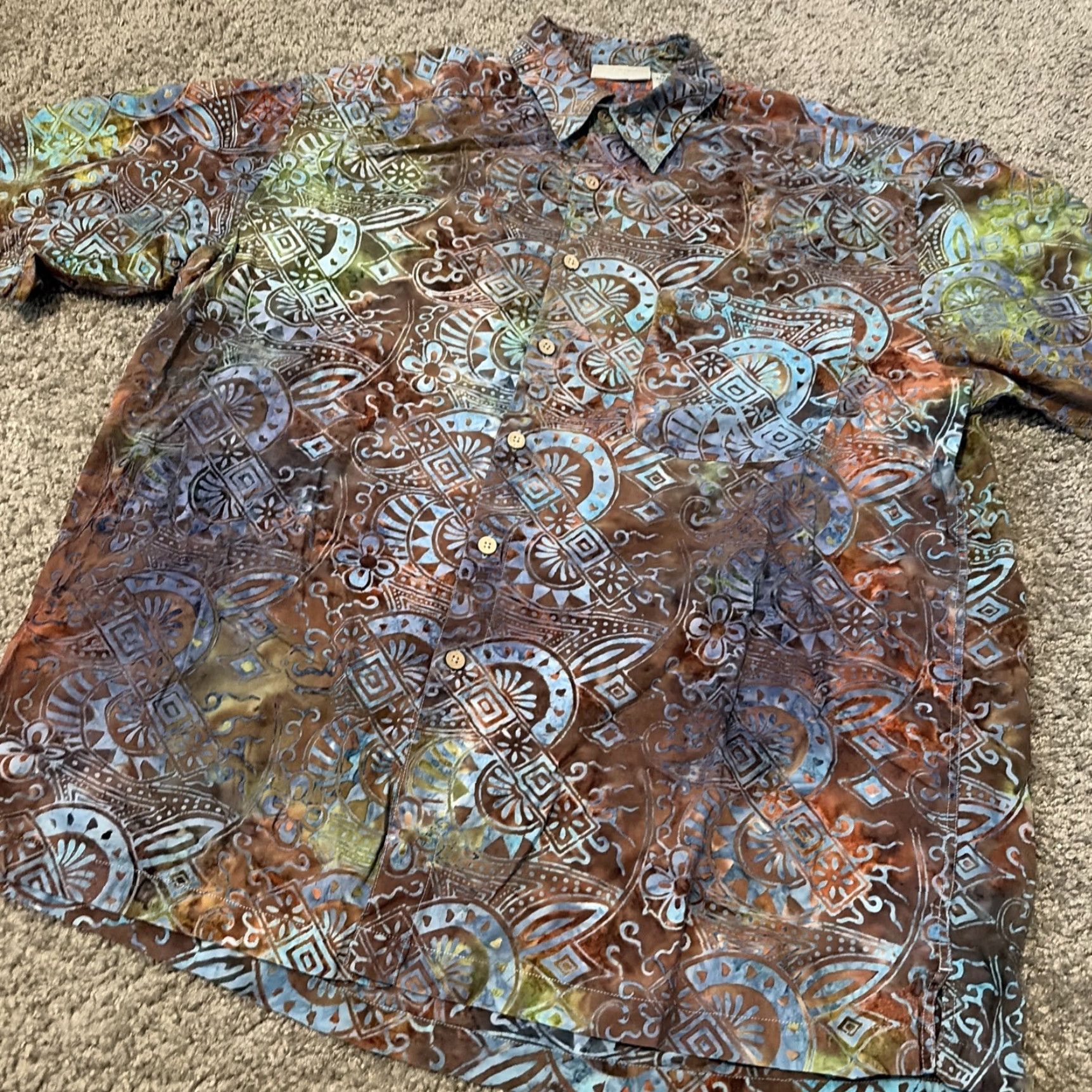 Vintage VINTAGE TravelSmith Button Up Hawaiian Shirt Large Blue Brown Tribal Print Mens Short Sleeve Size US L / EU 52-54 / 3 - 4 Thumbnail