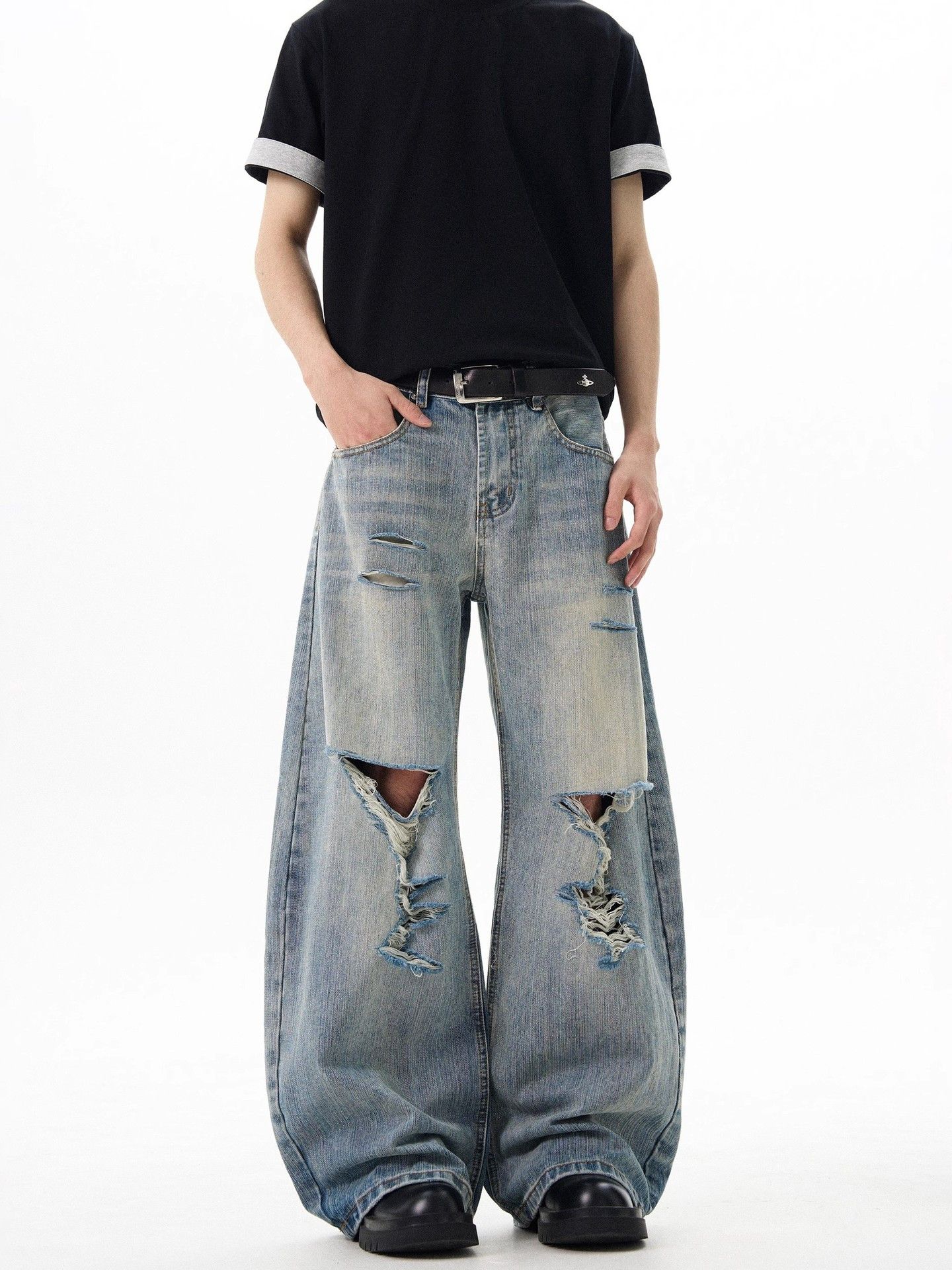 Japanese Brand Street men's loose ripped washed distressed scimitar jeans Size US 32 / EU 48 - 3 Thumbnail