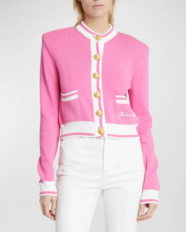 Balmain o1y0625 Cardigan in Pink/White Size L / US 10 / IT 46 - 2 Thumbnail
