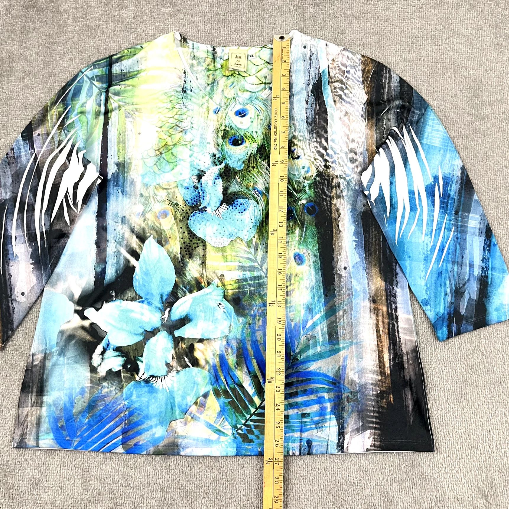 Vintage JESS & JANE Blouse Top Women XL Floral Peacock Rhinestone Stretch Pullover USA Blouse Size XL / US 12-14 / IT 48-50 - 4 Thumbnail