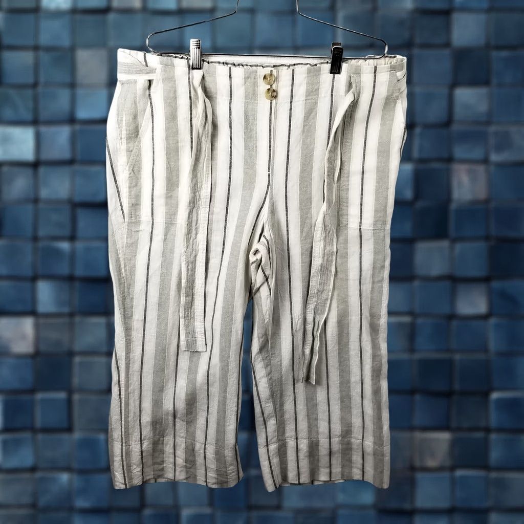Vintage Zac & Rachel Pants Women 1X Ivory Linen Blend Striped Wide Leg Tie Waist Paperbag High Rise Casual Workwear Plus Size 38W Mens Womens Girls Boys Size 26" / US 2 / IT 38 - 1 Thumbnail