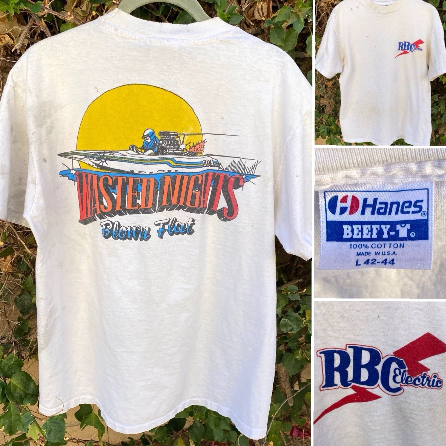 Hanes VINTAGE Hanes T-Shirt White Men L Graphic Print Blown Flatbottom Drag Boat 1980s Wasted Nights RBC Electric Size US L / EU 52-54 / 3 - 7 Thumbnail