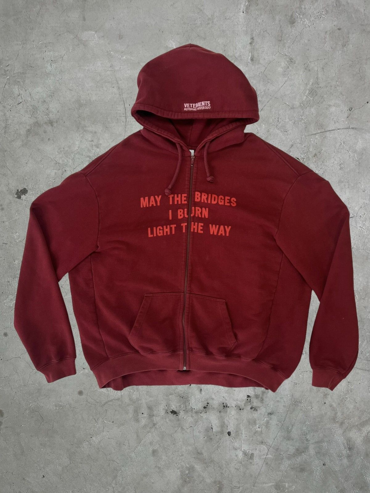 image of 2017 Vetements Bridges I Burn Zip-Up Hoodie in Red, Men's (Size XL)