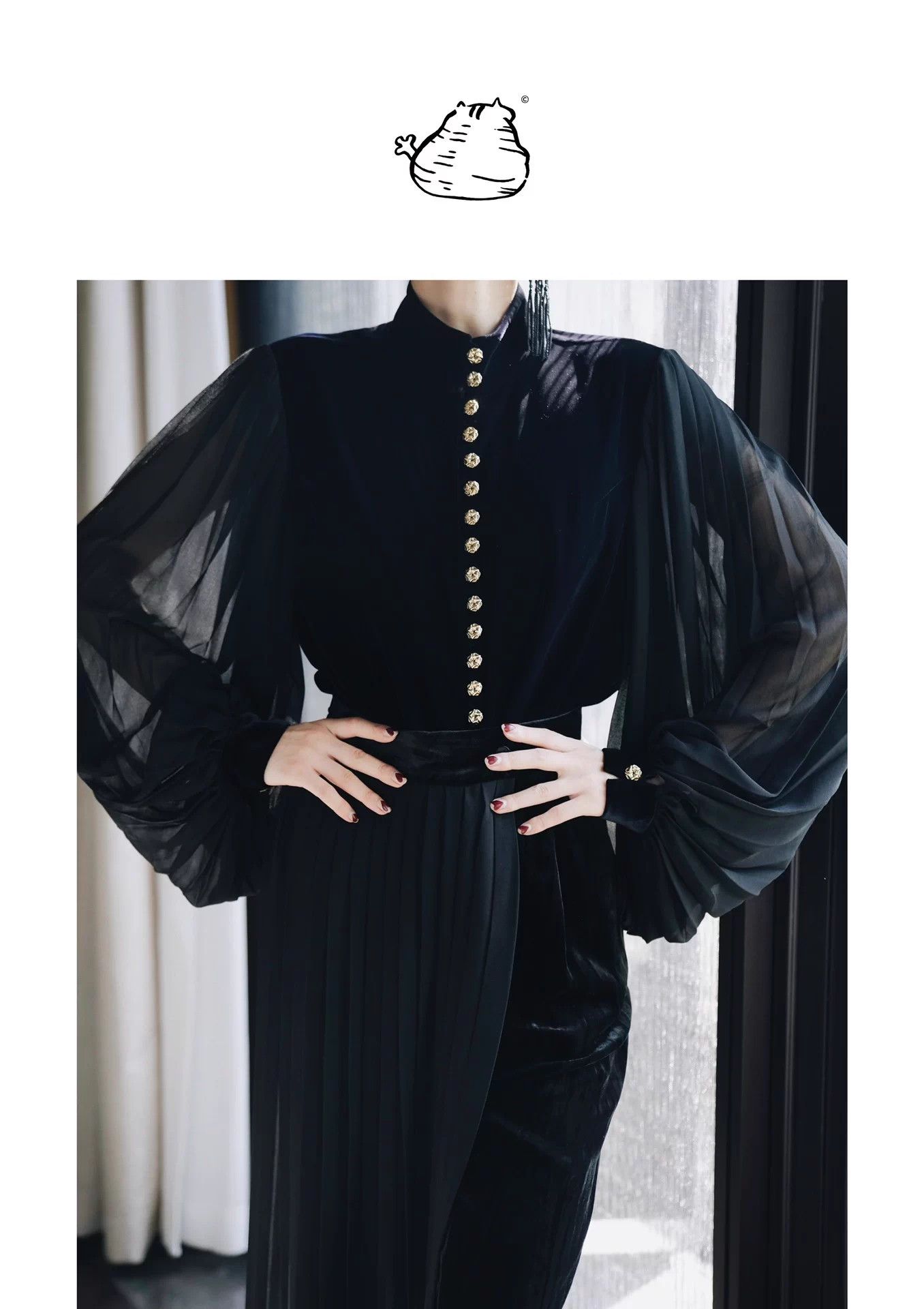 Other Jiangkou King Black Velvet Pleated Button-Front Shirt Size S / US 4 / IT 40 - 1 Thumbnail