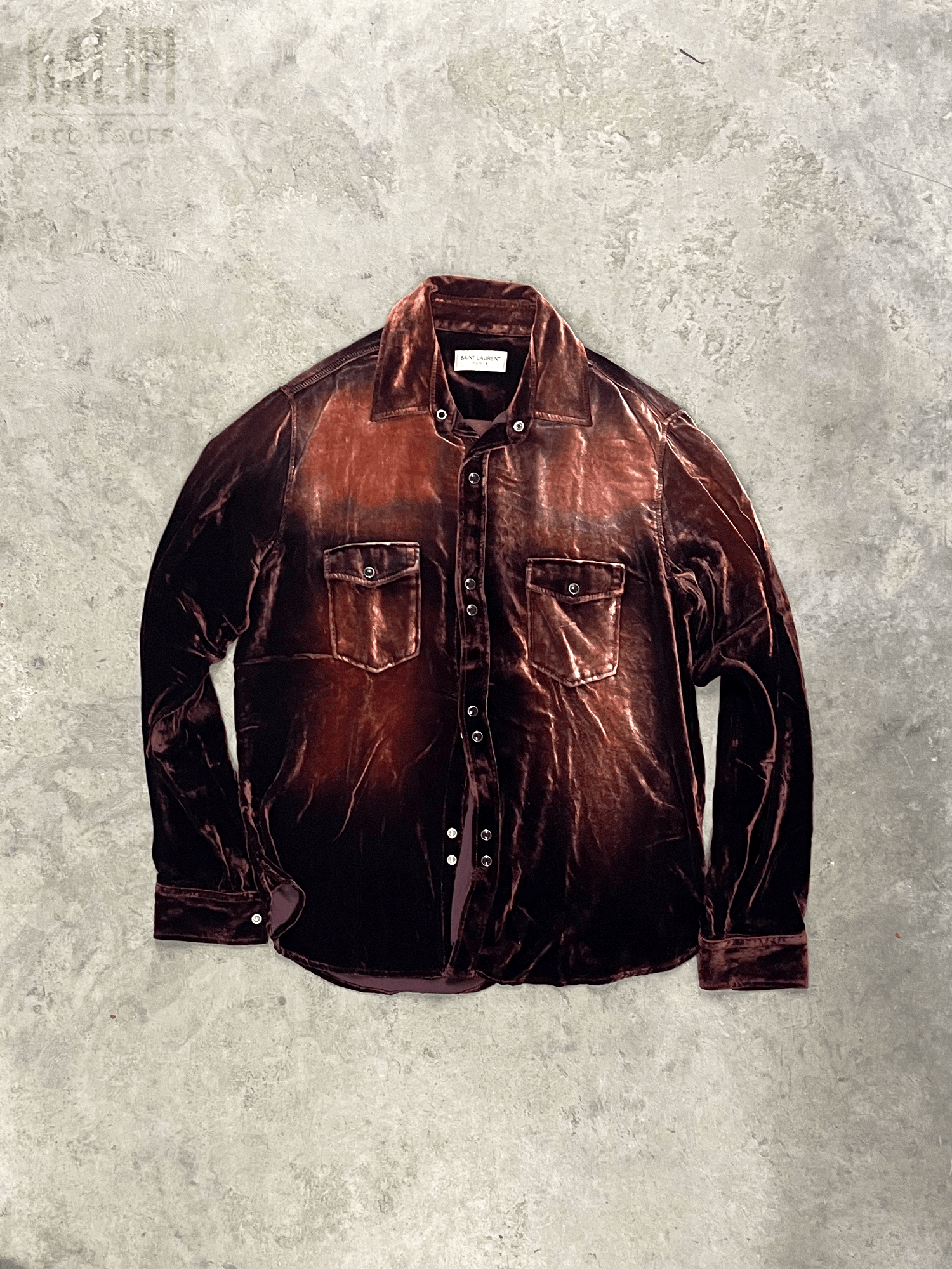 image of Saint Laurent Paris Hedi Slimane YSL Velour Shirt Red in Burgundy, Men's (Size Small)