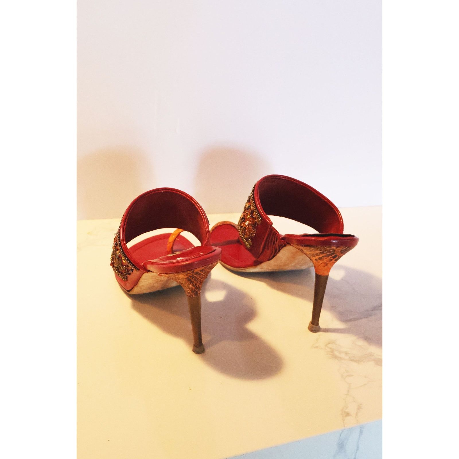 Manolo Blahnik Vintage Manolo Blahnik Red + Orange Snakeskin Rapis Sandal Size US 7.5 / IT 37.5 - 8 Thumbnail